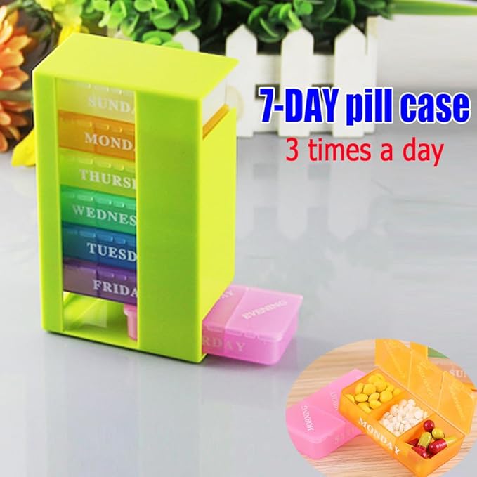 7 Day Weekly AM PM Pill Case Organizer, Travel 21 Compartment Meds Capsules Reminder, Large Daily Medicine Dispenser Planner for Vitamin, Fish Oil, Supplement, Medication, with Green Tray