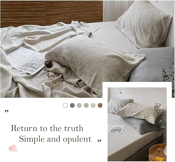 Simple&Opulence Washed Linen Bed Sheet Set Basic Style 4 Pieces (1 Flat Sheet & 1 Fitted Sheet & 2 Pillowcases) 100% Natural Linen Soft Breathable Farmhouse Bedding (Queen, Linen)