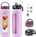 Kodrine 24oz Glass Water Bottle With Straw-2 lids-Reusable Daily Water Intake Glass Bottle with Measurements,Silicone Sleeve, Time Marker, Cupholder Friendly for Home,Gym,Sports-Light Purple