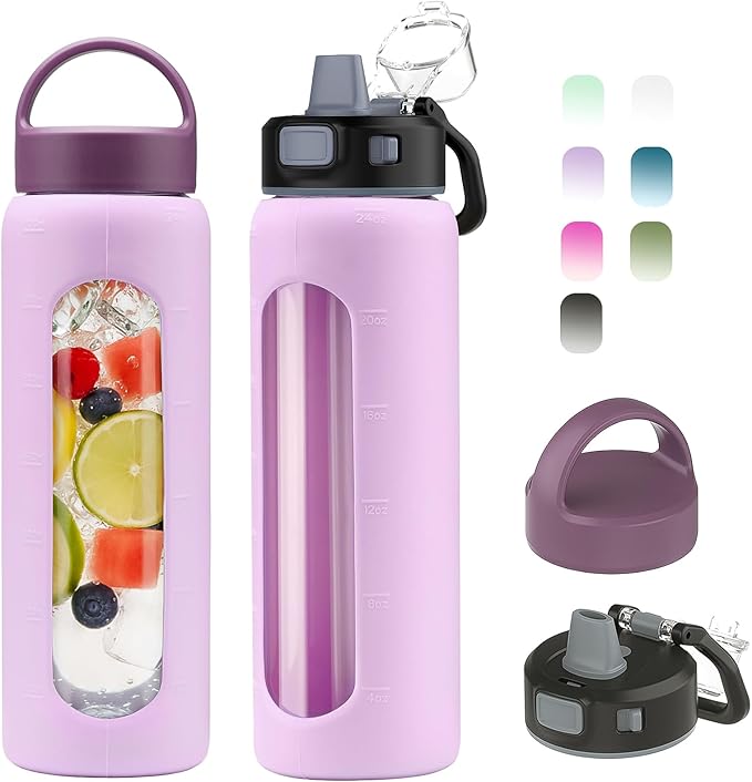 Kodrine 24oz Glass Water Bottle With Straw-2 lids-Reusable Daily Water Intake Glass Bottle with Measurements,Silicone Sleeve, Time Marker, Cupholder Friendly for Home,Gym,Sports-Light Purple