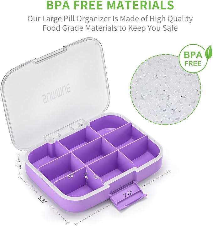 Large Pill Organizer, 9 Compartments Portable Travel Pill Box Case Moisture Proof, XL Pill Container Holder for Vitamins, Cod Liver Oil, Supplements, Medication (Purple)