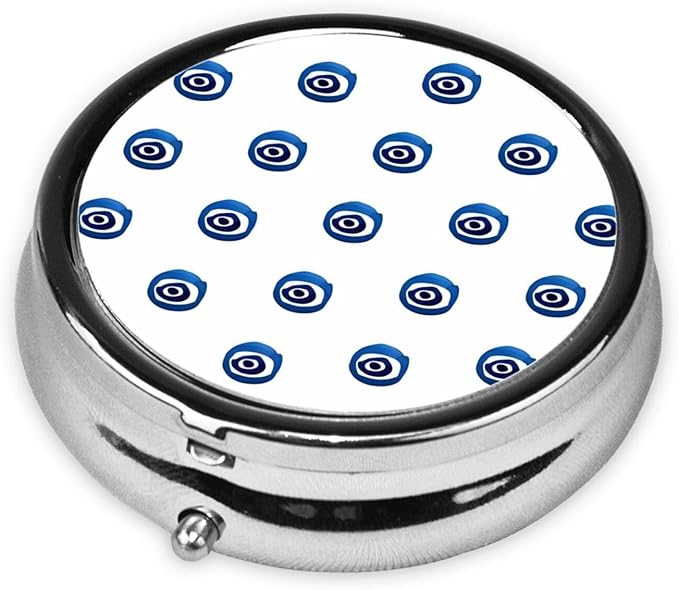 Evil Eyes Printed Round Travel Pill Box Cute Small Metal Pocket Pill Case for Men & Women 3 Compartment Portable Pill Organizer for Purse or Pocket