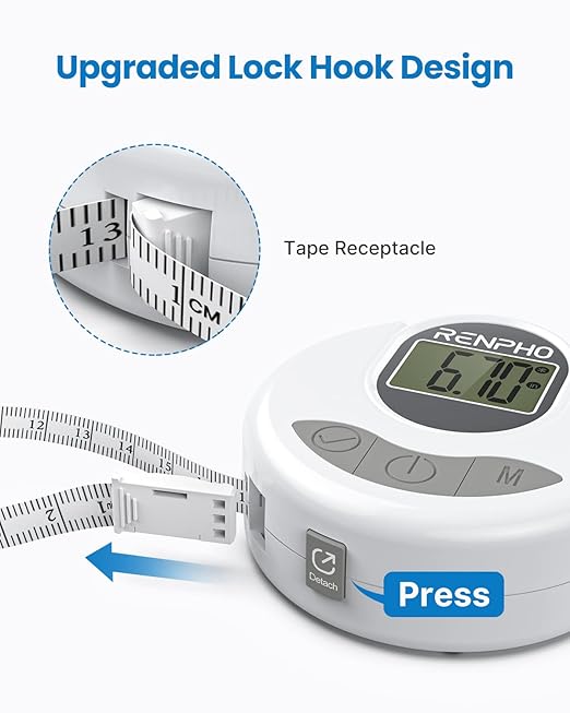 RENPHO Body Measuring Tape, Bluetooth Smart Tape Measure with Lock Hook & Retractable Function, Accurate Body Fat Measurement Device for Weight Loss, Muscle Gain, Fitness Bodybuilding, 60in /150cm
