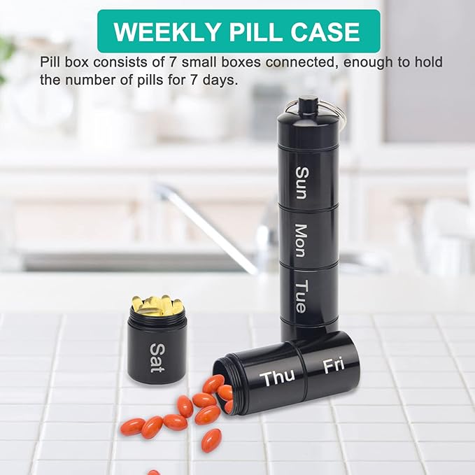Small Portable Pill Case Keychain for Travel, AngleKai 2 Pack Pill Organizer Box, Waterproof Tablet Container Weekly Medicine Bottle Organizer (Black and Silver)