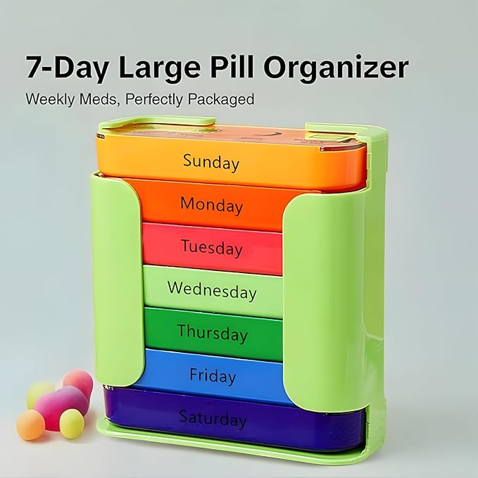 Stackable Daily Pill Organizer, Weekly Pill Organizer, 4 Times a Day, Weekly AM/PM Pill Box with 7 Individual Stacking Cases, a Everyday Medicine Organizer for Vitamins (Black)
