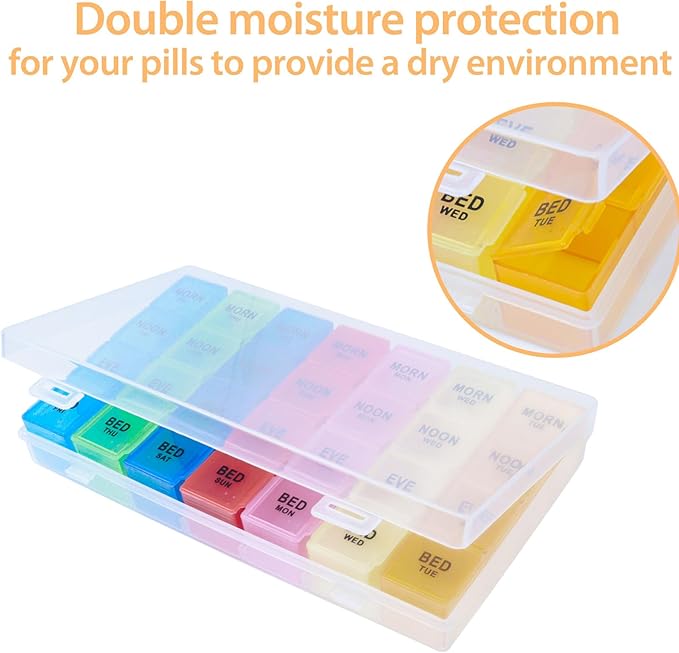 4Pack Weekly Pill Organizer 4 Times a Day, 7-Day Pill Boxes, Monthly Medication Organizer 28 Days Portable Compartments & Moisture-Proof Outer Case for Vitamins, Fish Oils, Supplements(Color)