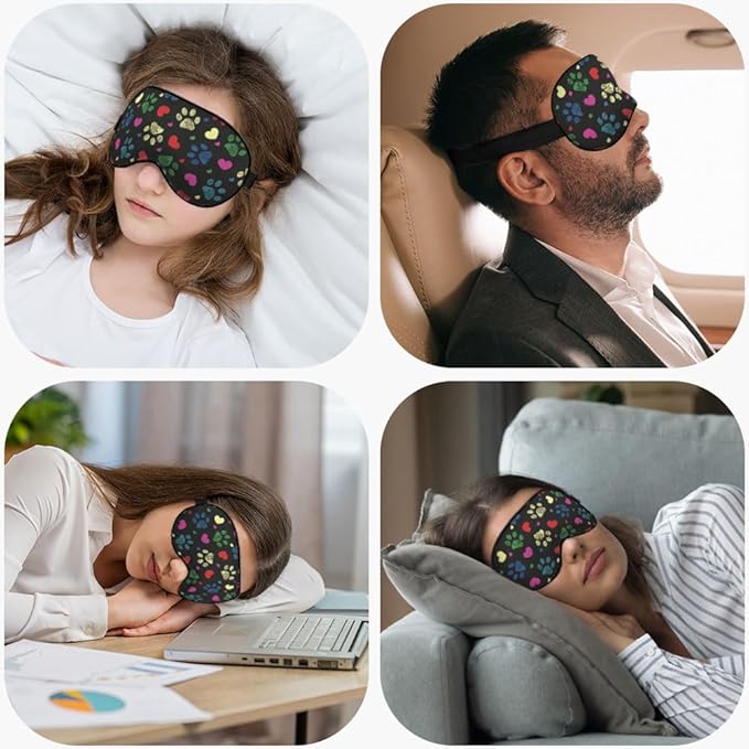 Paw Hearts Print Sleep Eye Mask Colorful Love Pet Footprints Black Silk Eye Mask Sleeping Soft Eye Shade Cover for Men Women Boy Girl Airplane Travel with Elastic Strap
