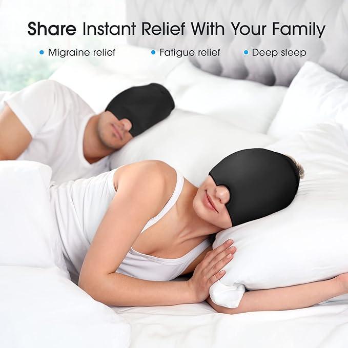 ONLYCARE Migraine Relief Cap,Soothing Migraine Mask,Upgraded Odorless Gel Ice Head Wrap, Hot and Cold Therapy, FSA or HSA Eligible Headache Ice Pack for Tension and Stress (Black 2 Pack)
