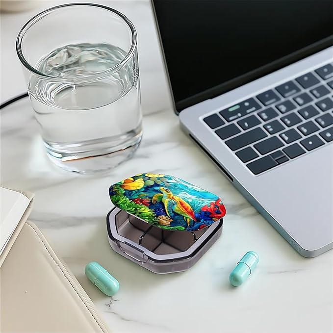 This Portable Colorful Coral Reef Sea Turtle Pattern 4 Compartment Pill Box Can Be Placed in A Pocket Or Wallet to Store Vitamins, Medicines Health Supplements Other Medications.