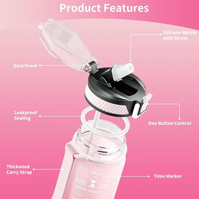 Water Bottle with Straw, 27oz Motivational Water Bottles with Time Marker to Drink, Tritan BPA Free, 750ml Sports Water Bottle with Carry Strap LeakProof for School Fitness Outdoor (1Pack)