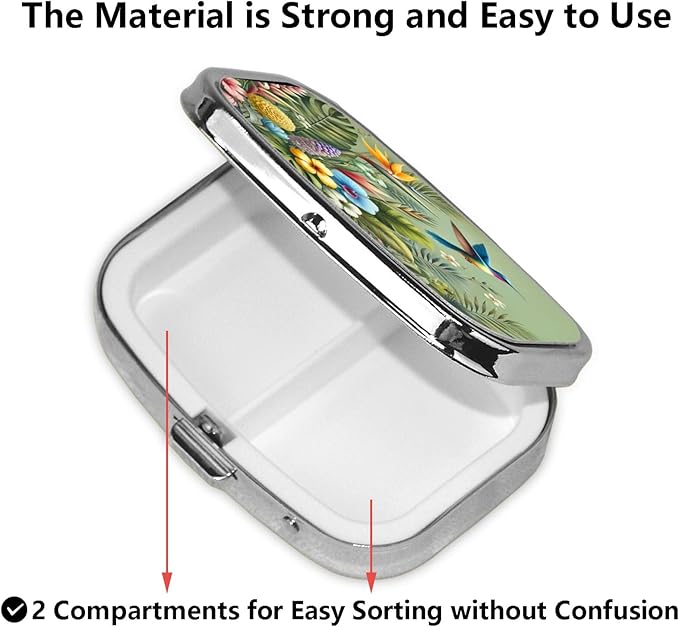 ABLESKY Pill Box, 2 Compartment Pill Organizer Case for Pocket or Purse, Small Portable Metal Travel Medicine Box with Mirror, Daily Vitamins Fish Oil Container-Natural Flowers Hummingbird