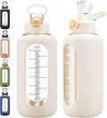 64 oz Glass Water Bolttles with Straw Half Gallon Large Motivational Water Bottle with Time Marker Sports Water Bottles with Silicone Sleeve and Handle Lid Water Jug for Gym Workout