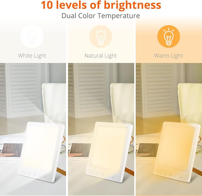 EasyHome Light Therapy Sun Lamp 10000 Lux LED Energy with 10 Adjustable Brightness Dual Color Temperature Adjustment White Warm Light 4 Timer and Memory Function