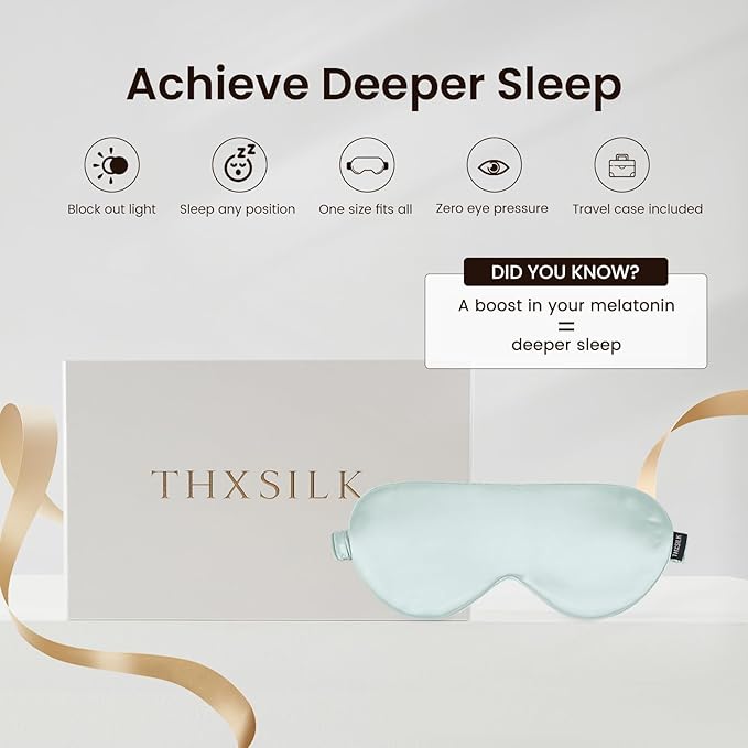 THXSILK Sleep Mask 100% 25 Momme Pure Mulberry Silk Super Smooth Cooling Sleep Eye Mask Blackout for Women/Man/Kids, Eye Cover with Wide Head Strap for Good Night Sleep, Light Blue