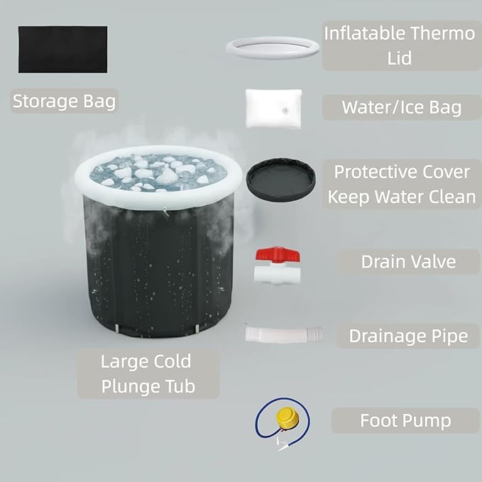 105 Gallon Portable Ice Bath Tub with Lid, Foldable Cold Plunge Pool for Full Body Cooling, Large Capacity Ice Soaking Tub for Indoor and Outdoor Use