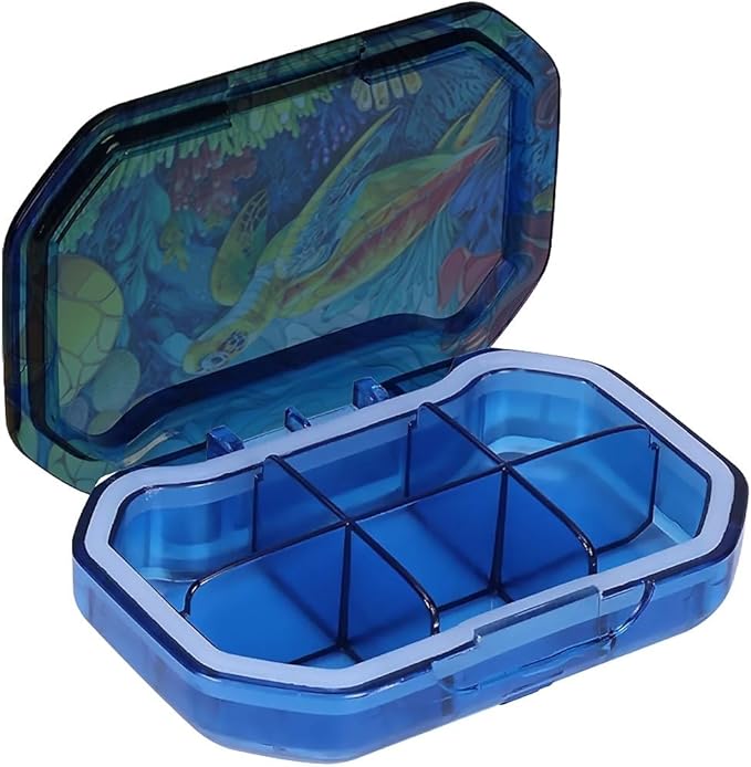 This Portable Colorful Coral Reef Sea Turtle Pattern 6 Compartment Pill Box Can Be Placed in A Pocket Or Wallet to Store Vitamins, Medicines Health Supplements Other Medications.