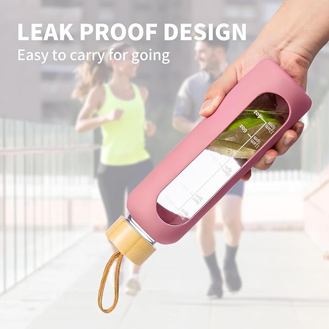 18 OZ Glass Water Bottles, Water Bottle with Time Marker, Leakproof Glass Water Bottles with Silicone Sleeves, Suitable for Offices and Gyms. (pink)