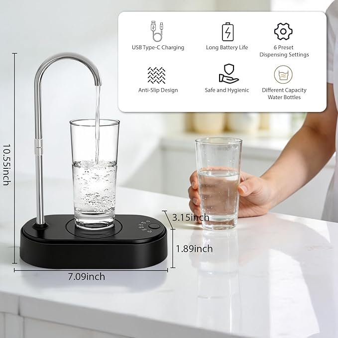 Desktop Water Dispenser for 5 Gallon Bottle, Automatic Countertop Water Dispenser, 6 Dispense Modes, USB Rechargeable, Universal Water Jug Pump for Home, Office, Kitchen, Camping