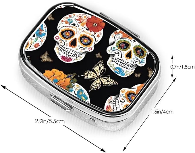 (Sugar Skulls) Square Pill Box with 2 Compartment Small Pill Organizer Portable Pill Case Vitamin Containers, Travel Essentials 2.2 x 1.6 x 0.7 inches