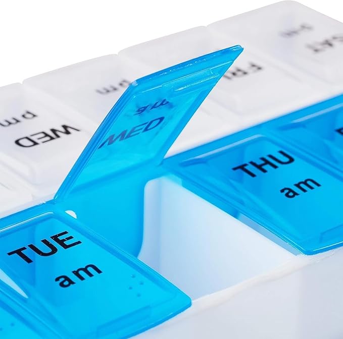 Pill Organizer 7 Day, Pill Box 2 Times a Day AM PM Pill Case, Weekly Pill Container Portable Travel Medicine Box for Vitamins and Supplements (Blue-White)