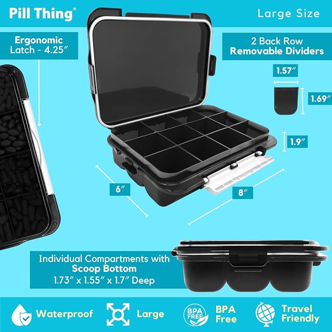2-Pack Large Pill Organizer – Black + Clear | 12-Compartment Weekly Pill Box Case with Removable Dividers, Waterproof, Travel-Friendly (Combo Pack - 1 Black & 1 Clear)