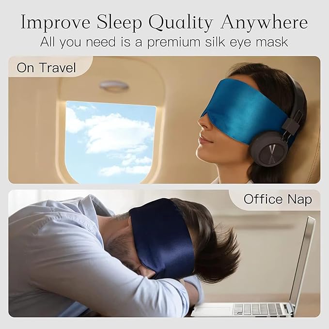 100% Mulberry Silk Sleep Mask, Large Adjustable Eye Cover for Sleeping, Comfortable, Pressure-Free and Breathable Sleeping Masks for Women Men - DarkBlue