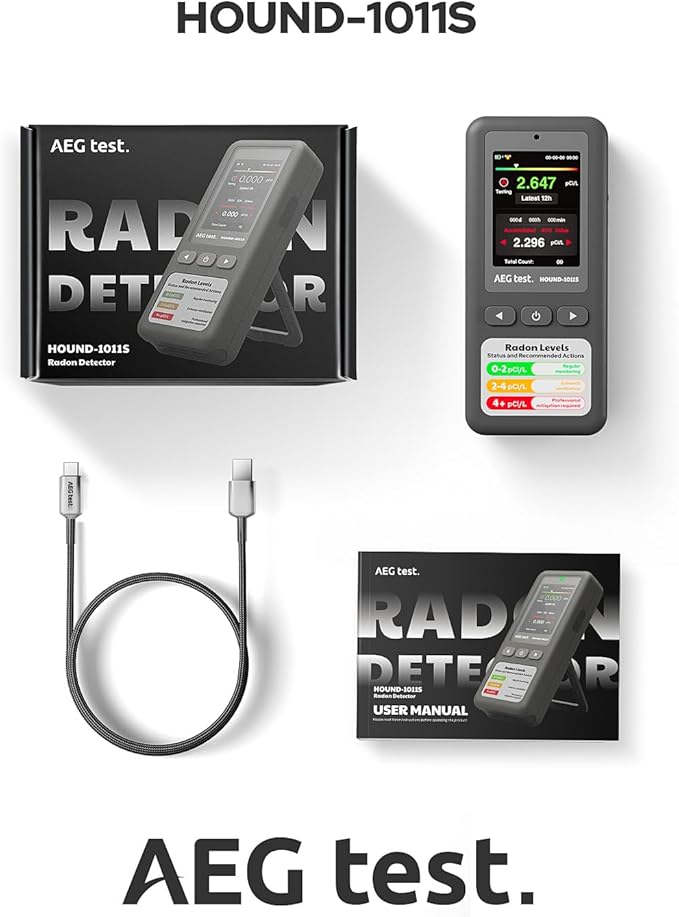 HOUND-1011S Portable Radon Detector, High-Accuracy Sensor for Home, Lightweight, Audible & Visual Alarms, Long-Term Monitoring, Easy-to-Use Radon Tester in pCi/L or Bq/m³ for Basement