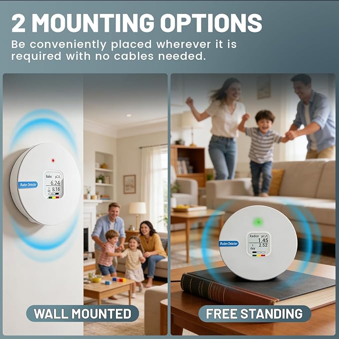 RadonSense Hello Radon C,E-Ink Display Radon Detector for Home,Alpha Spectrometer Sensor&2 Years Battery,wall Mounted&Free Standing,PCi/L & Bq/m³ Units Switchable