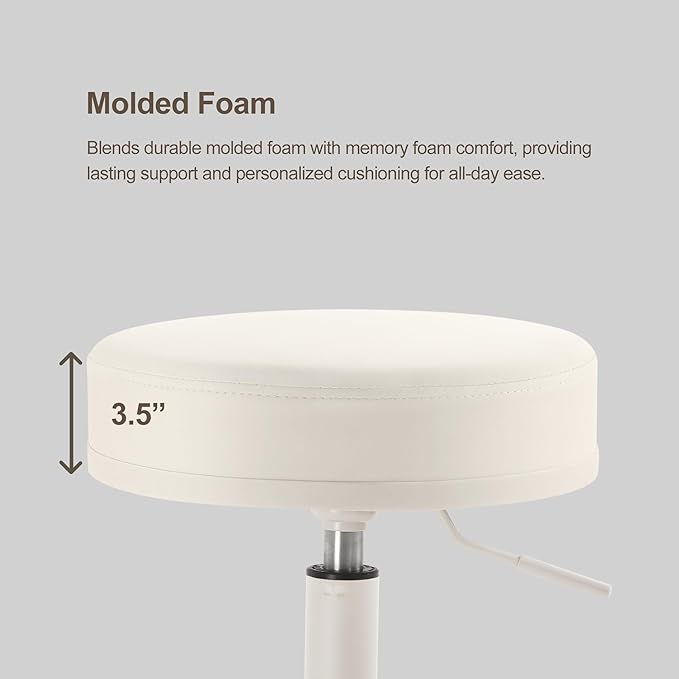 Adjustable Height Hydraulic Rolling Swivel Stool Chair with Metal Base and Faux Leather Cushion for Salon, Medical, Office and Home, 503 Kai Series - Round Seat, Vanilla