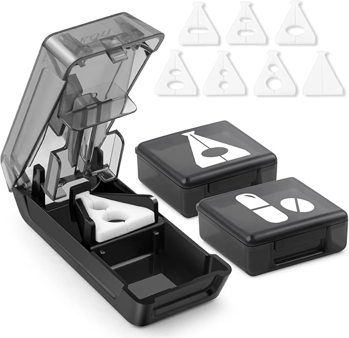 Fullicon Pill Cutter for Small or Large Pills, Pill Splitter with V-Shape Holder, Medicine Slicer with Sharp Blade,Tablet Splitter with Two Large Pill Organizers-Black