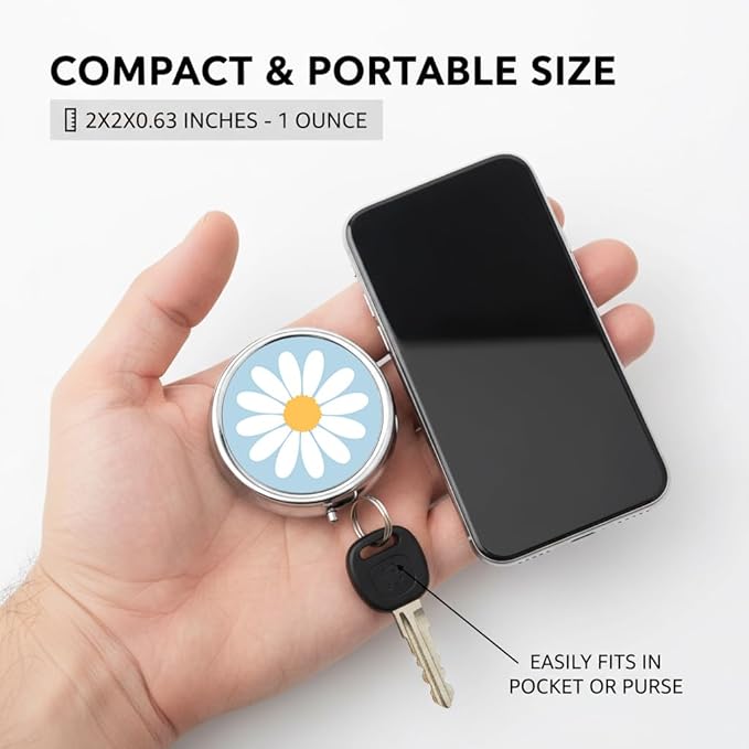 Daisy Pill Box 3 Compartment Small Pill Case,Portable for Pocket or Purse Pill Organizer Pill Container Holder with Mirror to Hold Vitamins, Medication, Fish Oil and Supplements