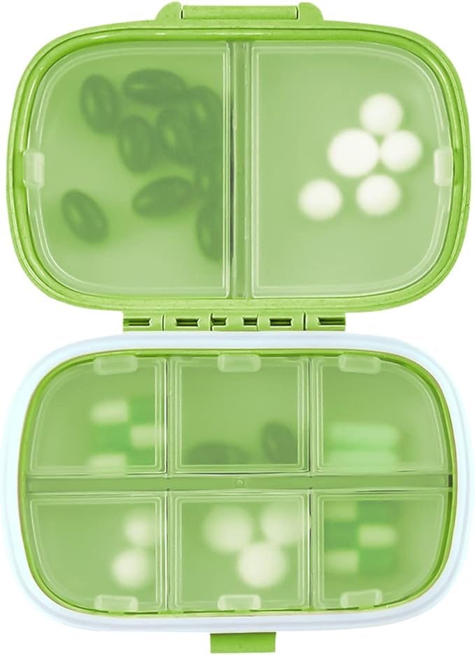 1Pack Travel Pill Organizer, 8 Compartments Portable Pill Case, Small Pill Box for Pocket Purse Portable Medicine Vitamin Container Green