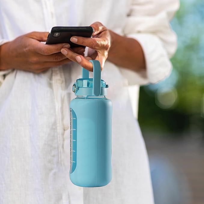 Glass Water Bottle with Straw and Handle Lid Half Gallon Motivational Glass Bottle with Silicone Sleeve and Time Marker Large Reusable Sports Water Jug for Gym Home Workout