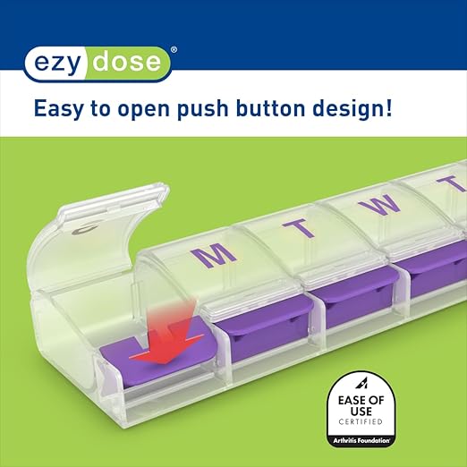 EZY DOSE Weekly (7-Day) Pill Case, Medicine Planner, Daily Vitamin Organizer Box, X-Large Push-Button Compartments, Convenient and Easy to Use, Arthritis Friendly, Clear Lids, Color May Vary, BPA Free