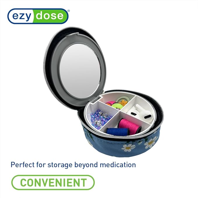 EZY DOSE Travel Pill Organizer with Built-in Mirror, Features Zippered Daisy Case, Compact and Portable Medication Case for Daily Vitamins, Pills, and Medicine, Ideal for Travel and On-The-Go Use