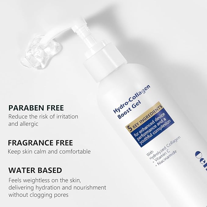 Hydro-Collagen Boost Gel, Conductive Gel with Hydrolyzed Collagen, Niacinamide & Hyaluronic Acid, for Microcurrent & Radio Frequency Facial Treatments, Fragrance-Free, Paraben-Free, 7.05 oz