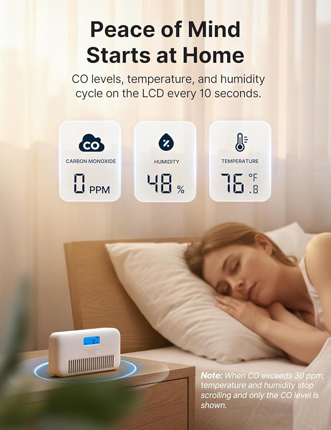 X-Sense Smart Wi-Fi Carbon Monoxide Detector, with Temperature & Humidity Monitor, Voice Alert, Replaceable Battery, Digital Display and Historic CO Peak Level, XC0M-iR 1-Pack