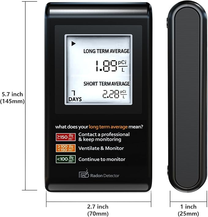 Home Radon Detector with Bracket，Portable Radon Test Kit for Home with Long and Short Term Radon Monitoring, Lightweight, Easy-to-Use, AAA Battery-Powered USA Version, PCi/L, Black
