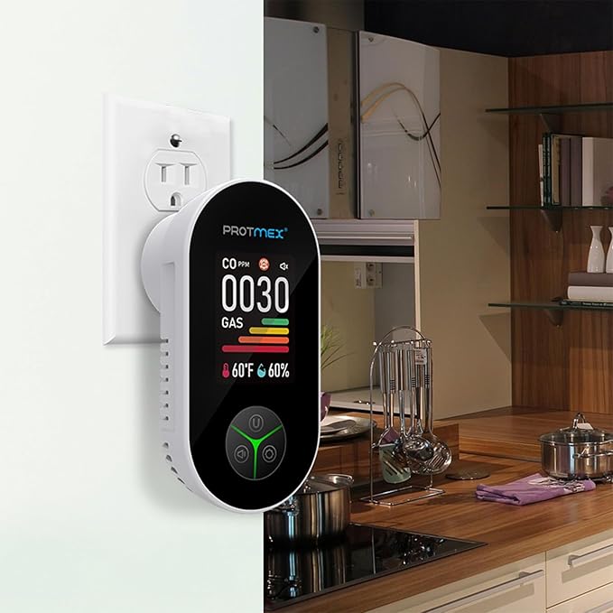 Protmex 4-in-1 Plug-in Carbon Monoxide Detector & Natural Gas Leak Detector, Portable CO Alarm Gas Leak Monitor with Temperature & Humidity Sensor, Large Display Indoor Air Quality Monitor