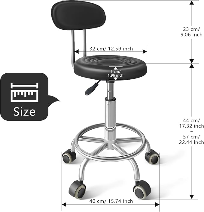 Chair with Wheels PU Leather, with Backrest, Height Adjustable, 360° Swivelling Armless Barstool with Footrest, Ideal for Pubs, Restaurants, Offices, Homes, Tattoos, Massages (Black)