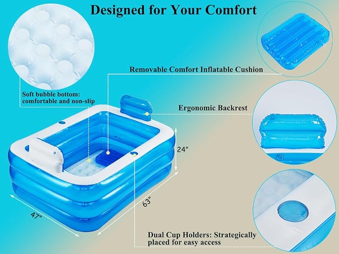 Inflatable Adult Bath Tub 2 Person,Freestanding Blow Up Bathtub with Foldable Portable Feature for Adult Spa,Indoor and Outdoor Universal Folding Pool with Electric Air Pump