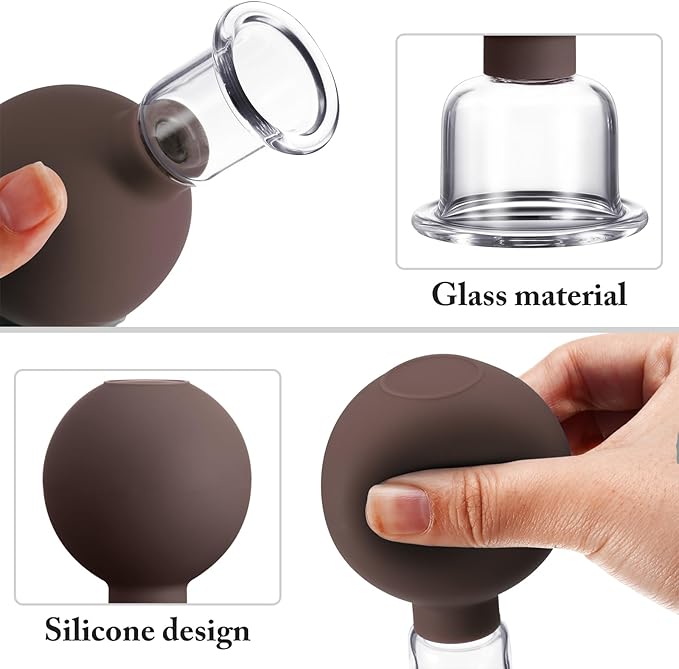 Nuanchu 2 Pieces Glass Cupping Set, Facial Cupping Cups Glass Silicone Cups Vacuum Suction for Face Skin Back Shoulder Muscle(1 Inch and 1.4 Inch Diameter,Brown)