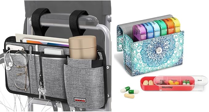 FINPAC Wheelchair Side Organizer Bag with Cup Holder(Gray) Weekly Pill Organizers (Emerald Illusions)