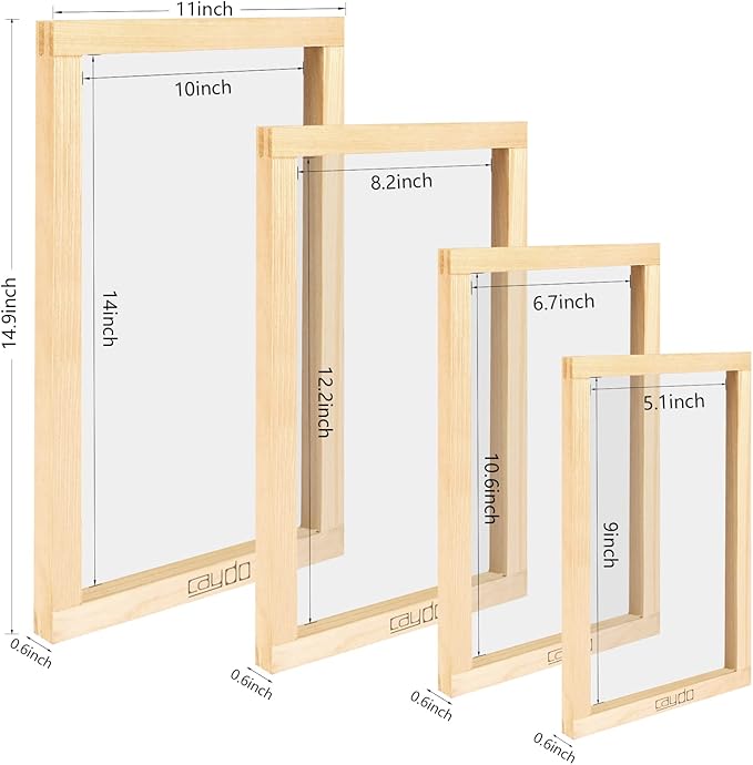 Caydo 4 Pieces 4 Size Screen Printing Frame with 110 Mesh for Screen Printing Beginners and Kids, 9 x 5.1 Inch, 10.6 x 6.7 Inch, 12.2 x 8.2 Inch, 14 x 10 Inch