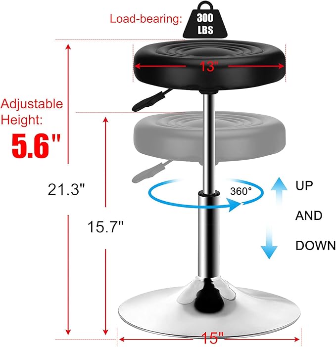 QiCheng&LYS Round Office Stool Chair - Adjustable Height Sit Stand Stool, 360 Swivel, Black