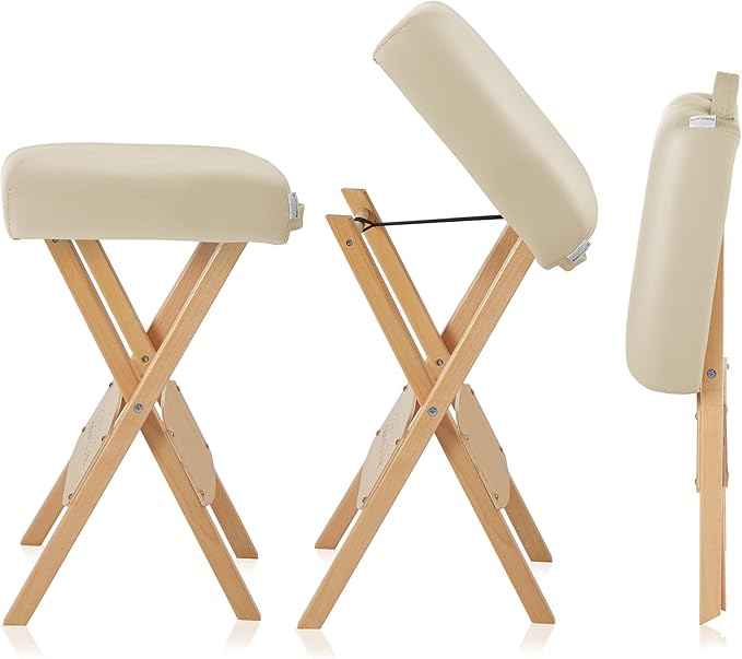 Saloniture Wood Folding Massage Stool with Carrying Case, Cream