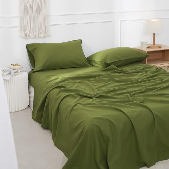 Simple&Opulence Belgian Linen Sheet Set Solid Color - 4 Pieces (1 Flat Sheet, 1 Fitted Sheet & 2 Pillowcases) Natural Flax Cotton Blend Soft Breathable Farmhouse Bedding - King Size, Forest