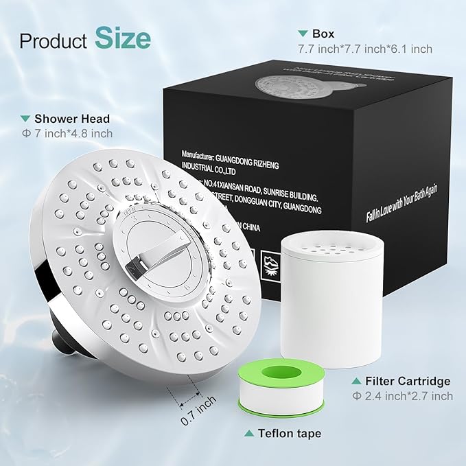 High Pressure Filtered Shower Head, Quickly Adjustable Replacement Filter Element for Hard Water, 7-Inch Rain Shower Head with 20-Stage Filter, Removes Chlorine, Fluoride & Metals (Chrome)