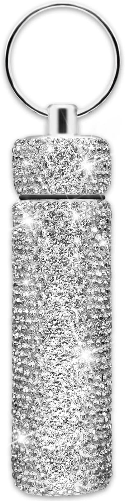 Yuchew Bling Pill Case Pill Container Rhinestone Pill Box Portable Waterproof Pocket Pill Holder Bottle Storage with Keychain for Travel, Outdoor, Camping (Silver)