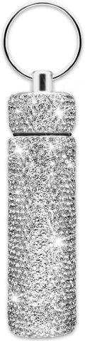 Yuchew Bling Pill Case Pill Container Rhinestone Pill Box Portable Waterproof Pocket Pill Holder Bottle Storage with Keychain for Travel, Outdoor, Camping (Silver)